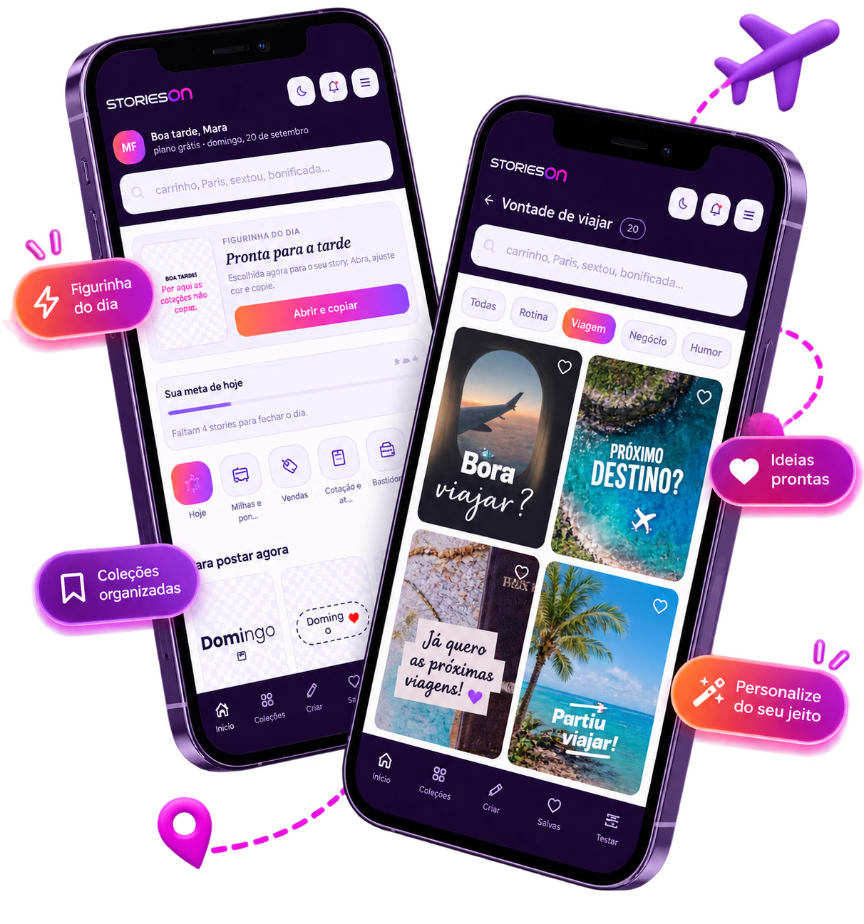 Stories On aberto em dois celulares, com ideias e figurinhas para stories