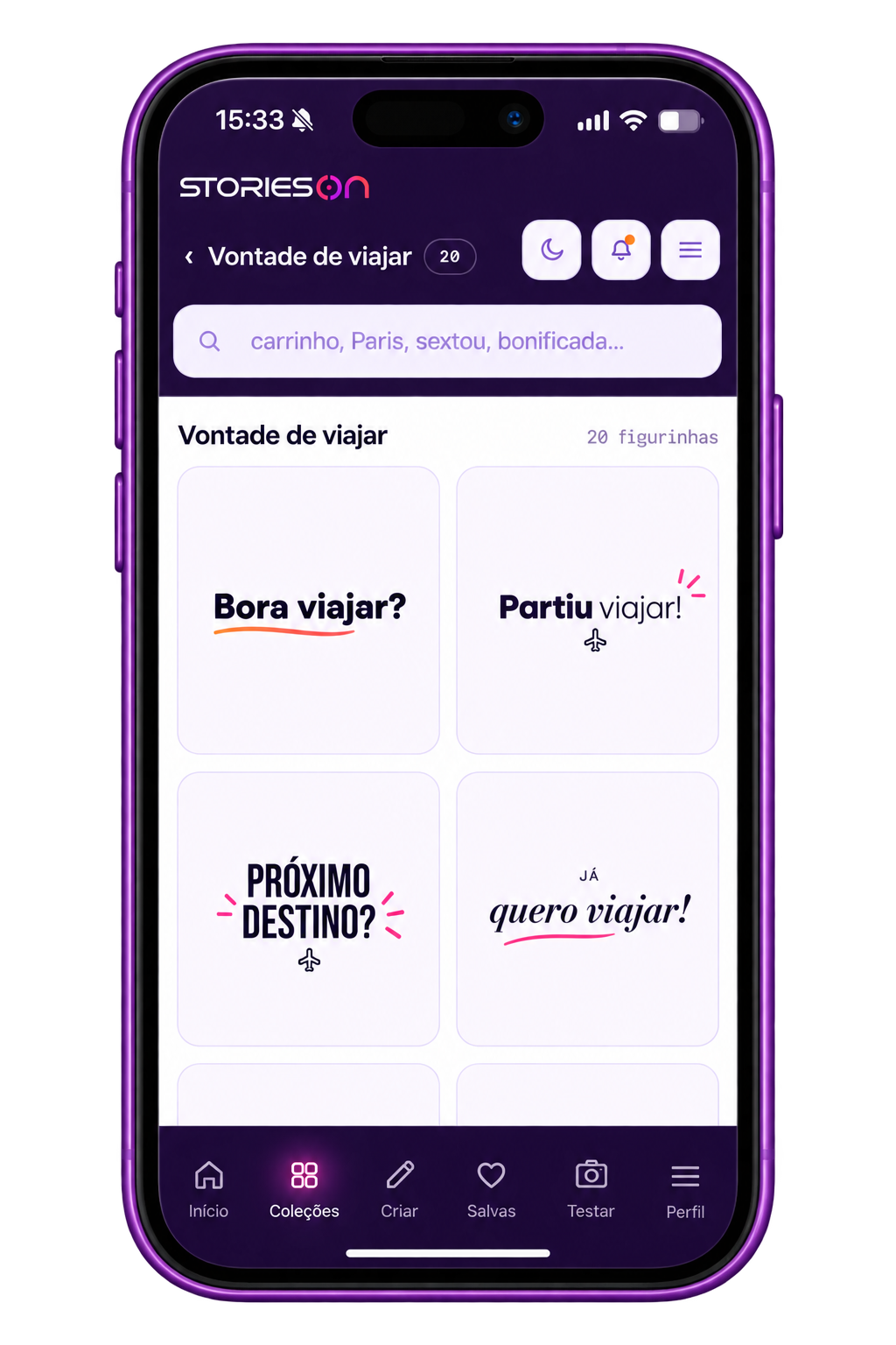 Tela do Stories On mostrando busca e figurinhas 2