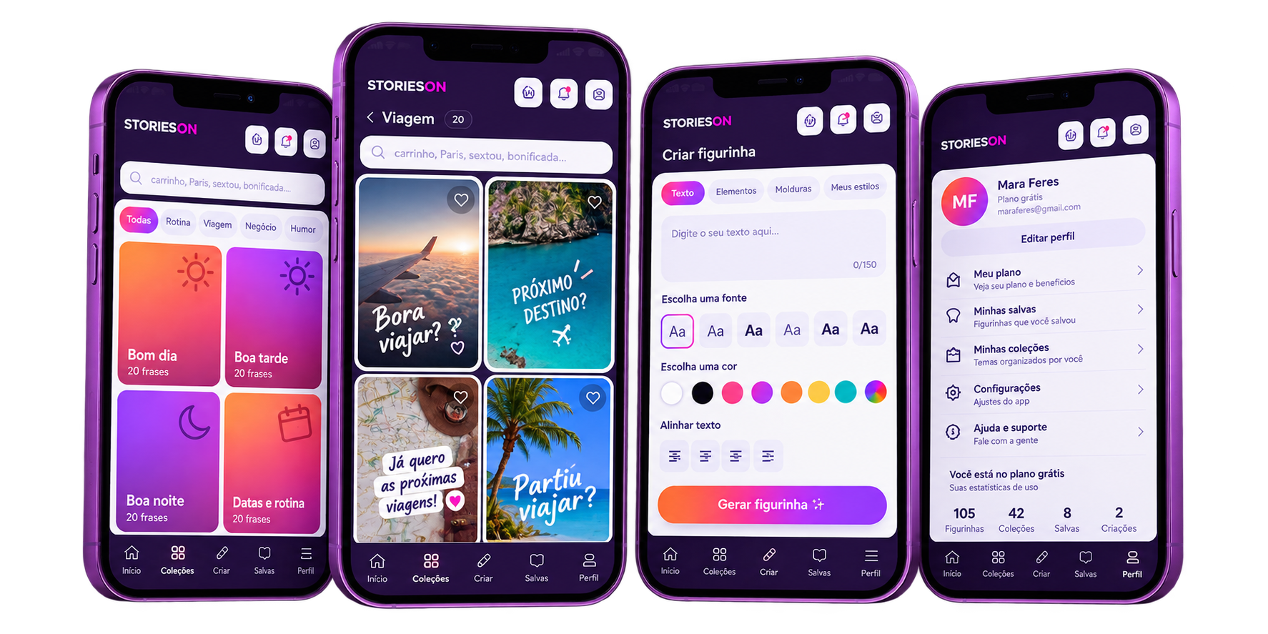 Quatro telas do Stories On: coleções, busca de viagem, editor de figurinha e perfil do usuário