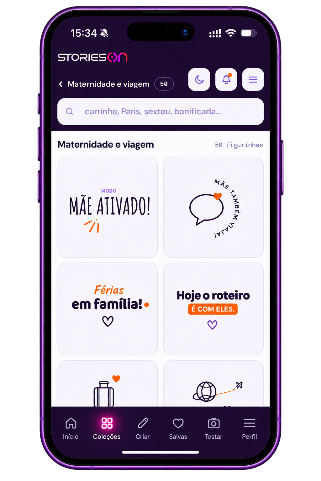 Tela do Stories On mostrando busca e figurinhas 3